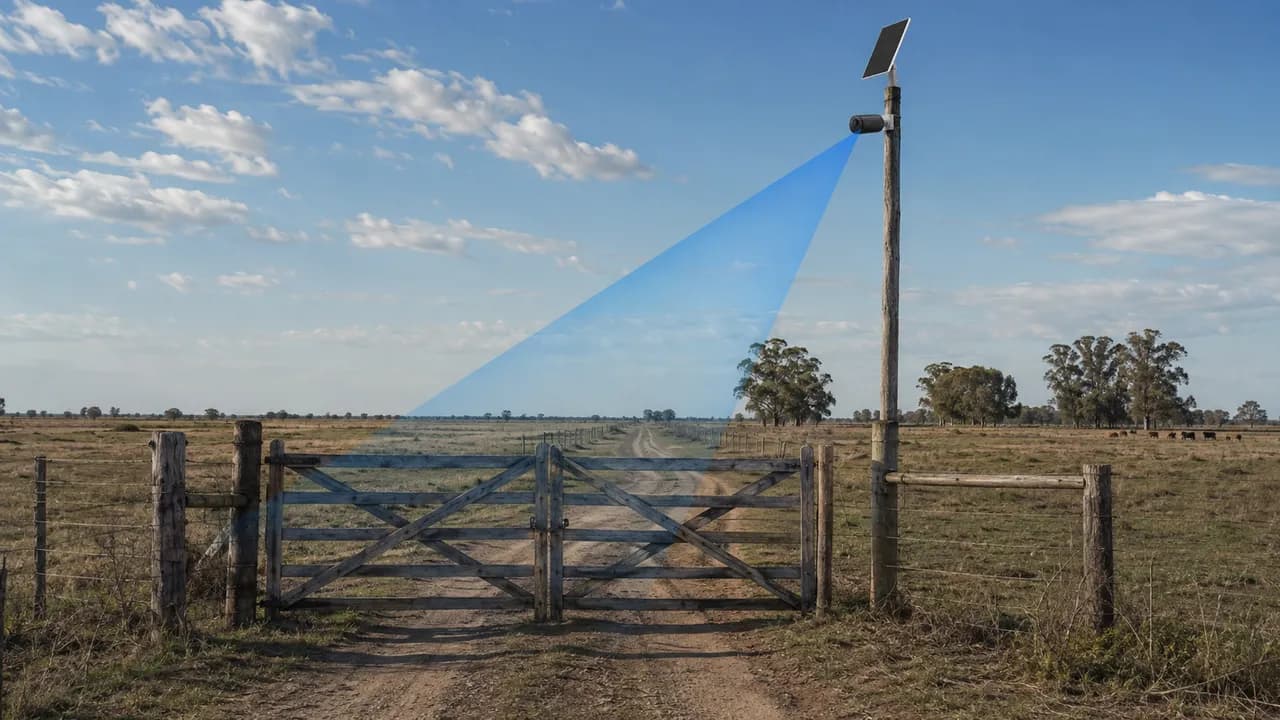 Cámara EB3 con panel solar en un poste alto, controlando la tranquera de acceso al campo